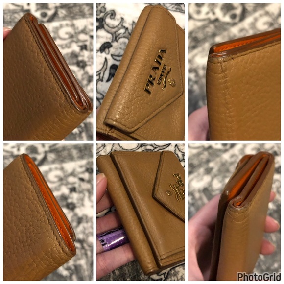 Prada AUTHENTIC Tan Leather Orange Interior Trifold Gold Logo Compact Wallet - Picture 10 of 16